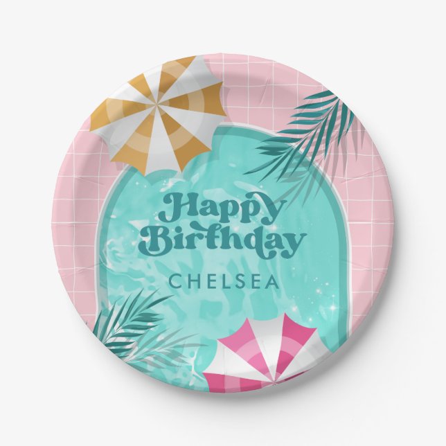 Palm Springs Pool Party Pink Adult Birthday Paper Plate (Front)