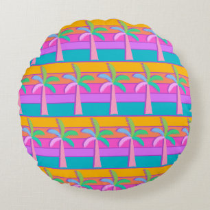 Palm Springs Retro Bold Striped Palm Tree Round Pillow