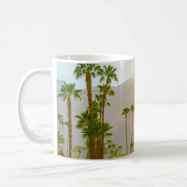 Palm Springs sunset day with mountains and palm tr Coffee Mug (Left)
