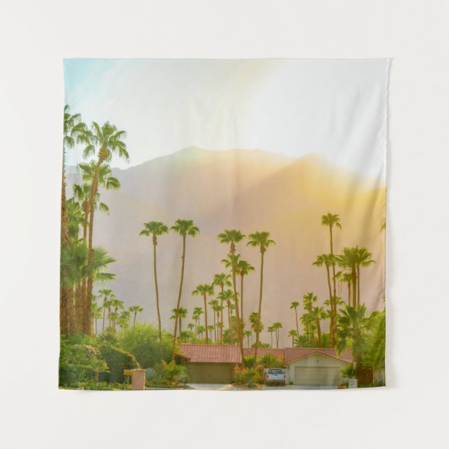 Palm Springs sunset day with mountains and palm tr Tapestry (Front)