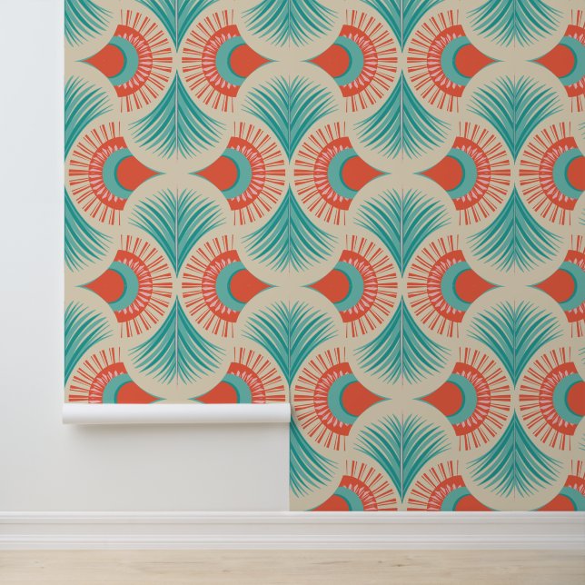 Palm Springs - Sunset Palms - Coral Red and Teal Wallpaper (Application)