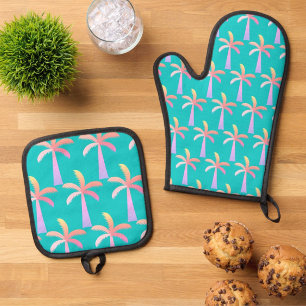  Palm Springs Turquoise Blue Tropical Palm Tree Oven Mitt & Pot Holder Set