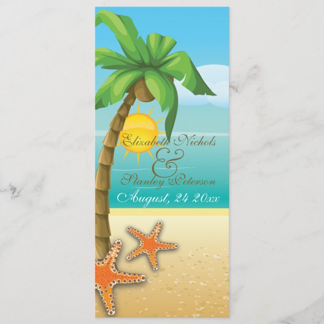 Palm & starfish beach wedding ceremony program (Front)