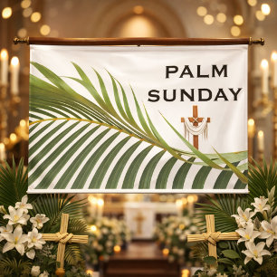 Palm Sunday Cross with Green Palm Frond  Banner