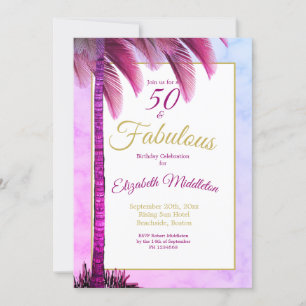 Palm Tree 50 and Fabulous Purple Modern Birthday Invitation