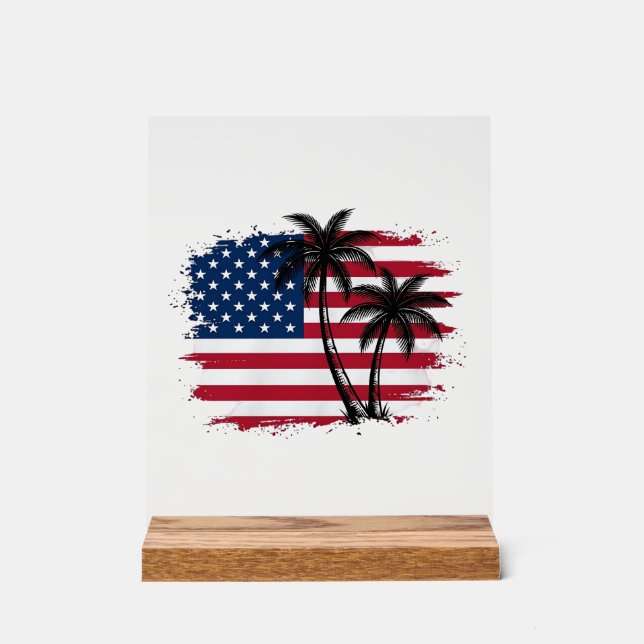 Palm Tree American Flag Patriotic Beach Vector Art Acrylic Sign (Front)