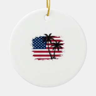 Palm Tree American Flag Patriotic Beach Vector Art Ceramic Ornament