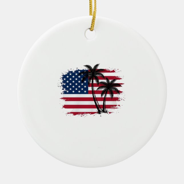 Palm Tree American Flag Patriotic Beach Vector Art Ceramic Ornament (Front)