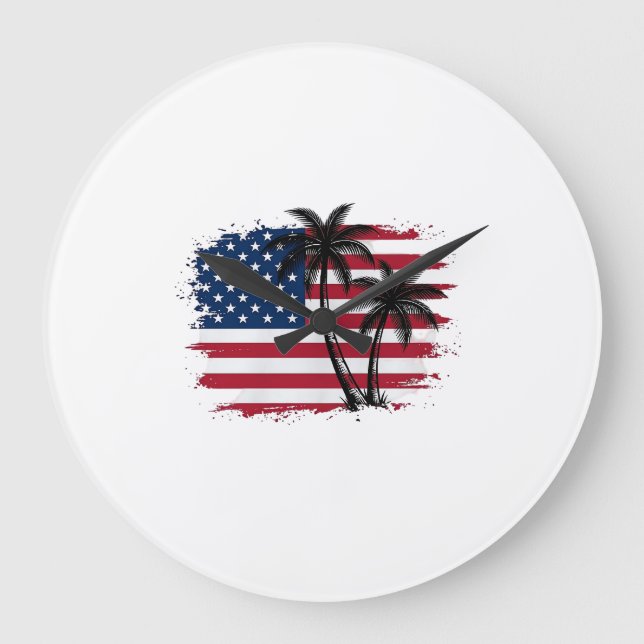 Palm Tree American Flag Patriotic Beach Vector Art Large Clock (Front)