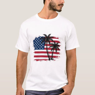 Palm Tree American Flag Patriotic Beach Vector Art T-Shirt