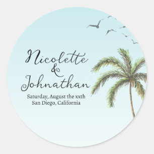 Palm Tree and Birds Simple Beach Wedding Classic Round Sticker