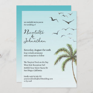 Palm Tree and Birds Simple Beach Wedding Invitation
