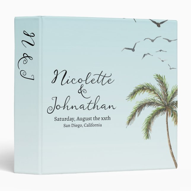 Palm Tree and Birds Simple Beach Wedding Keepsake Binder (Front/Spine)