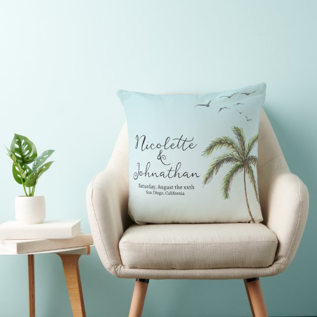 Palm Tree and Birds Simple Beach Wedding Keepsake Throw Pillow (Chair)