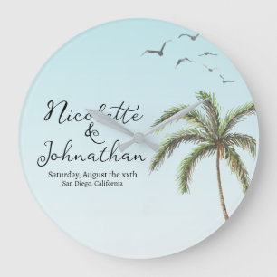 Palm Tree and Birds Simple Beach Wedding Large Clock