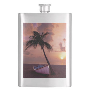 Palm Tree and Boat Beach Sunset Hip Flask