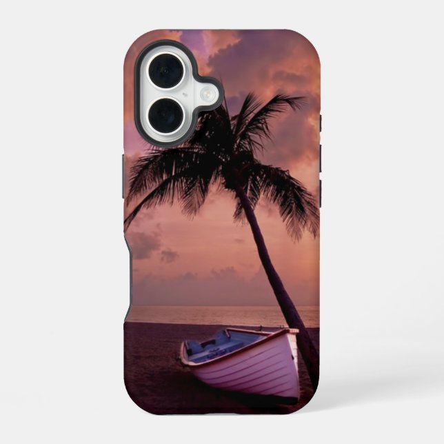 Palm Tree and Boat Beach Sunset iPhone 16 Case (Back)