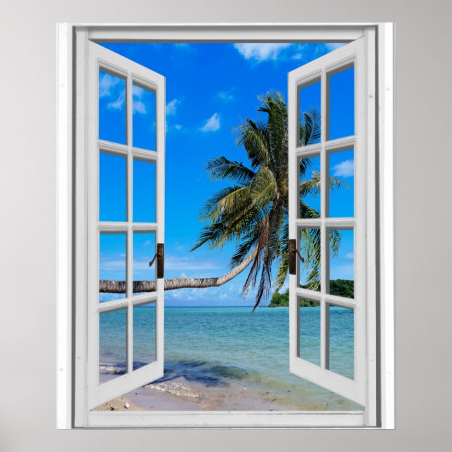 Palm Tree and Ocean Artificial Window View Poster (Front)