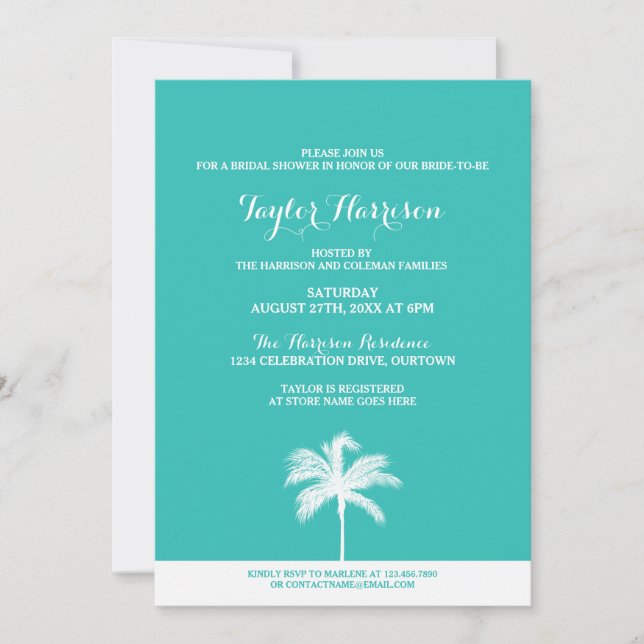 Palm Tree Aqua Bridal Shower Invitation (Front)