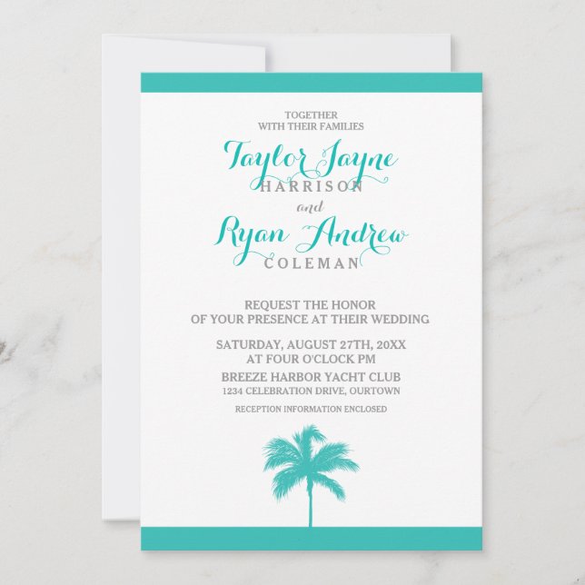 Palm Tree Aqua Grey Wedding Invitation (Front)