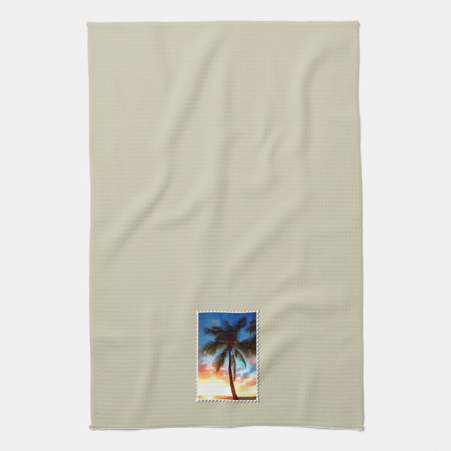 Palm Tree at Sunset Stamp on Cream Kitchen Towel (Vertical)