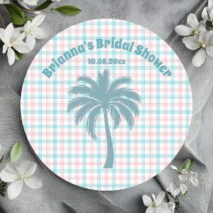 Palm Tree Azure Pink Chequered Bridal Shower Classic Round Sticker