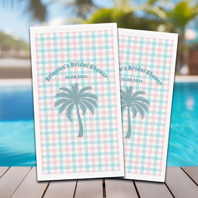 Palm Tree Azure Pink Chequered Bridal Shower Napkin (Creator Uploaded)