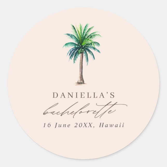 Palm Tree Bachelorette Party Blush Favour Classic Round Sticker (Front)
