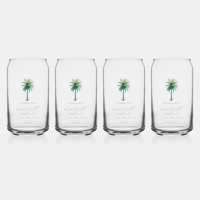 Palm Tree Bachelorette Weekend Personalized Name Can Glass (Front)