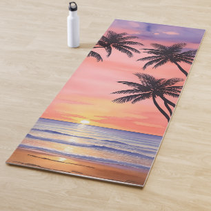 Palm Tree Beach at Sunset Watercolor Painting Yoga Mat