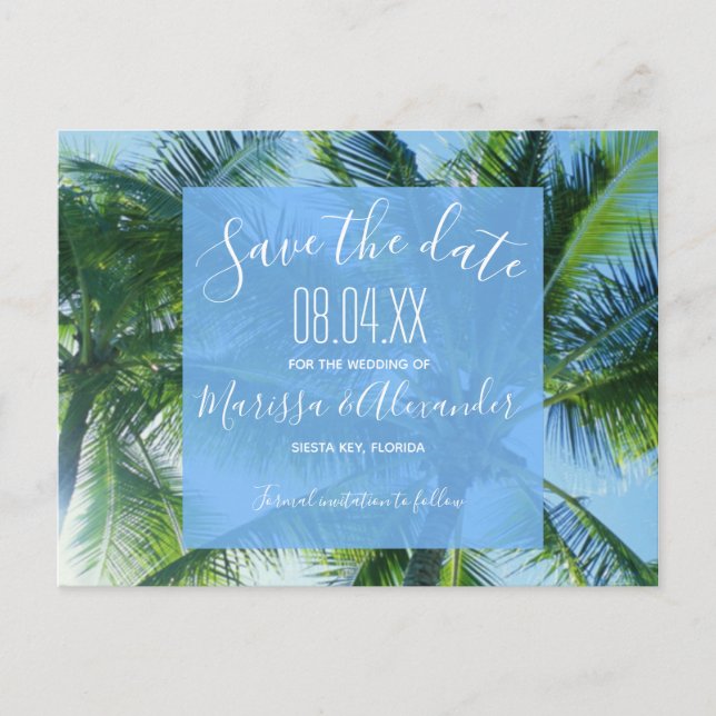 Palm Tree Beach Budget Wedding Save the Dates Announcement Postcard (Front)