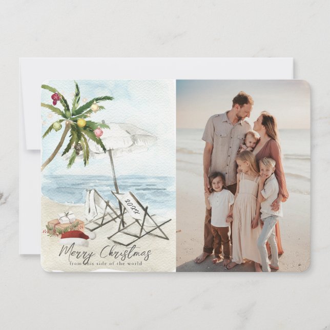 Palm Tree Beach Chaises Carte photo de vacances Tr (Devant)