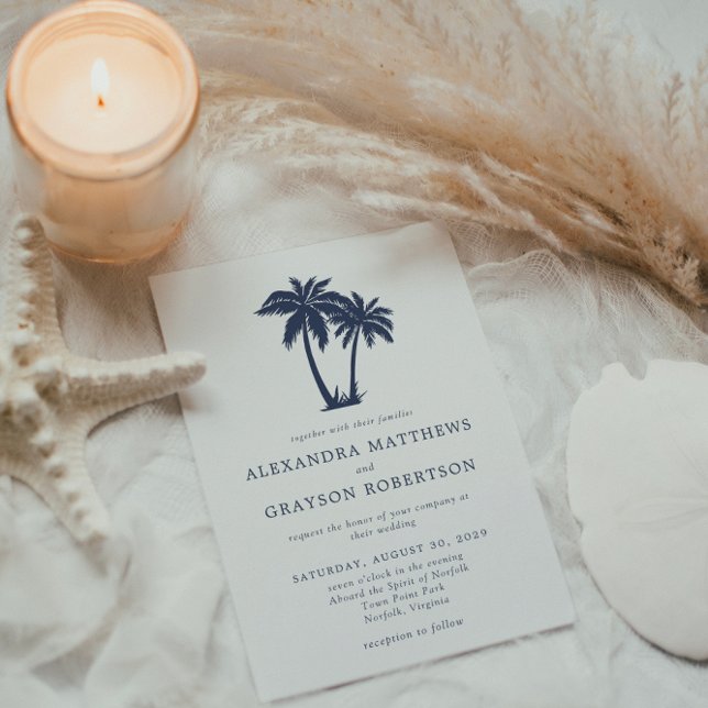 Palm Tree Beach Coastal Navy Wedding  Invitation (Creator Uploaded)