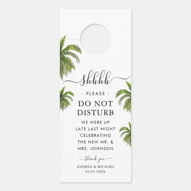 Palm Tree Beach Destination Wedding Party Hotel Door Hanger (Front)