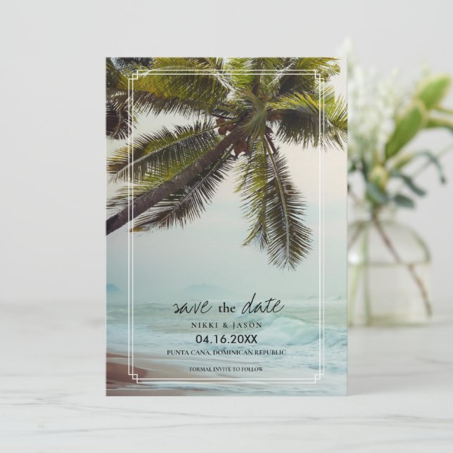 Palm Tree Beach Destination Wedding Save the Date (Standing Front)