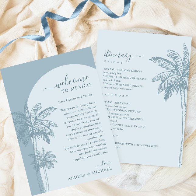Palm Tree Beach Dusty Blue Wedding Itinerary Card (Creator Uploaded)