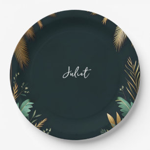 Palm Tree Beach Green And Gold Bridal Shower Paper Plate