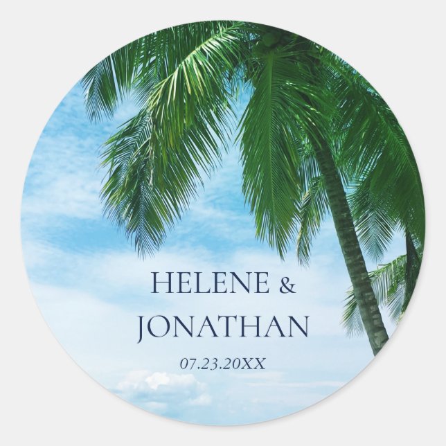 Palm Tree Beach Tropical Destination Wedding Classic Round Sticker (Front)