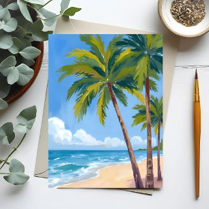 Palm Tree Beach   Tropical Watercolor Blue Sky Postcard