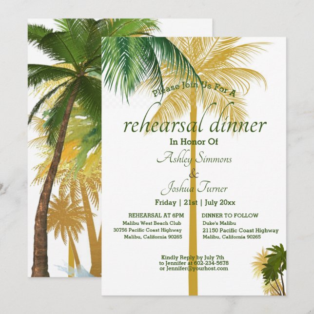 Palm Tree Beach Wedding Rehearsal Dinner Card (Front/Back)