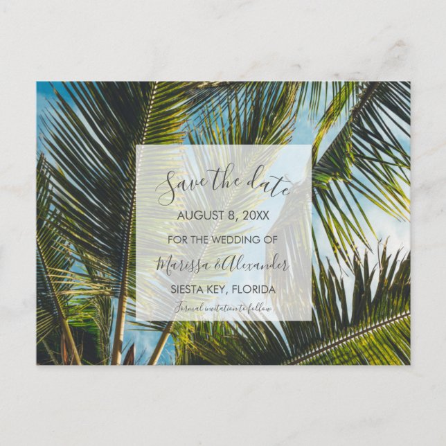 Palm Tree Beach Wedding Save the Dates Announcement Postcard (Front)