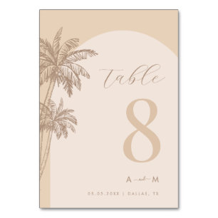 Palm Tree Beige Script Monogram Beach Wedding  Table Number