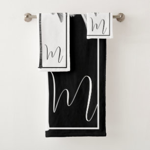 Palm Tree Black White Tropical Elegant Monogram Bath Towel Set