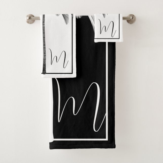 Palm Tree Black White Tropical Elegant Monogram   Bath Towel Set (Insitu)