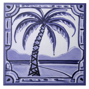 Palm Tree blue and white beach house decor Tile
