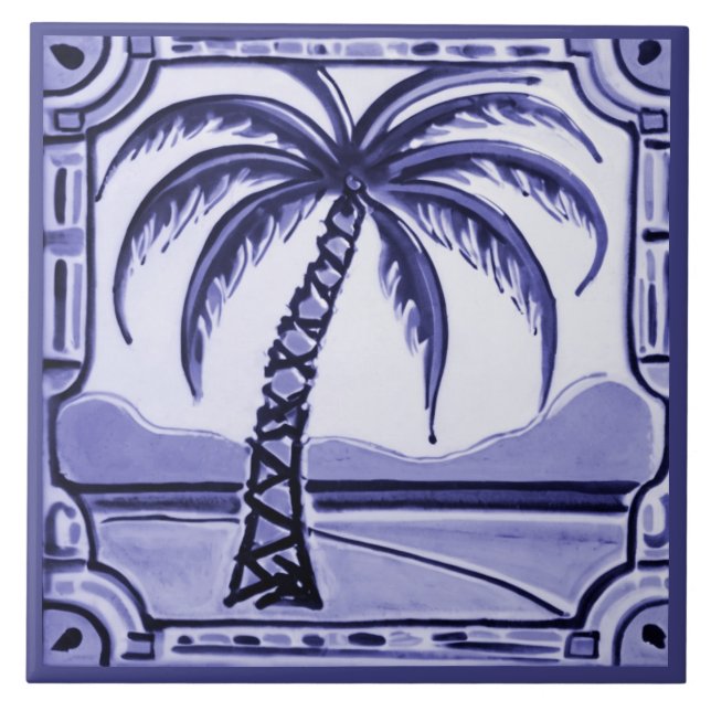 Palm Tree blue and white beach house decor Tile (Front)