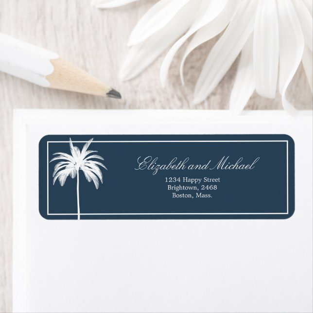 Palm Tree   Blue White Elegant Modern Script Label (Insitu)