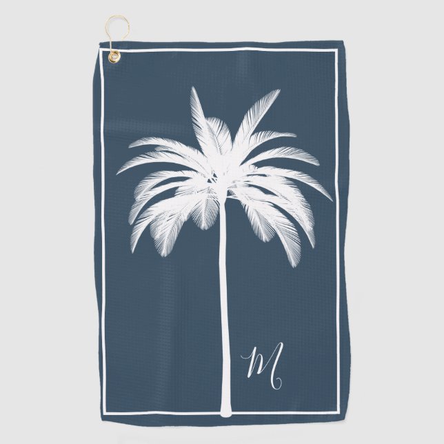 Palm Tree Blue White Tropical Elegant Monogram    Golf Towel (Front)