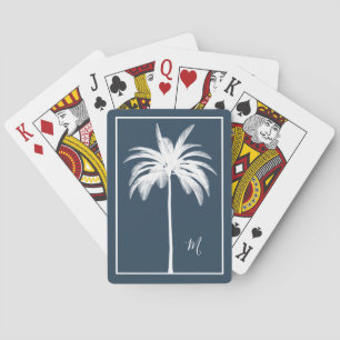 Palm Tree Blue White Tropical Elegant Monogram Playing Cards