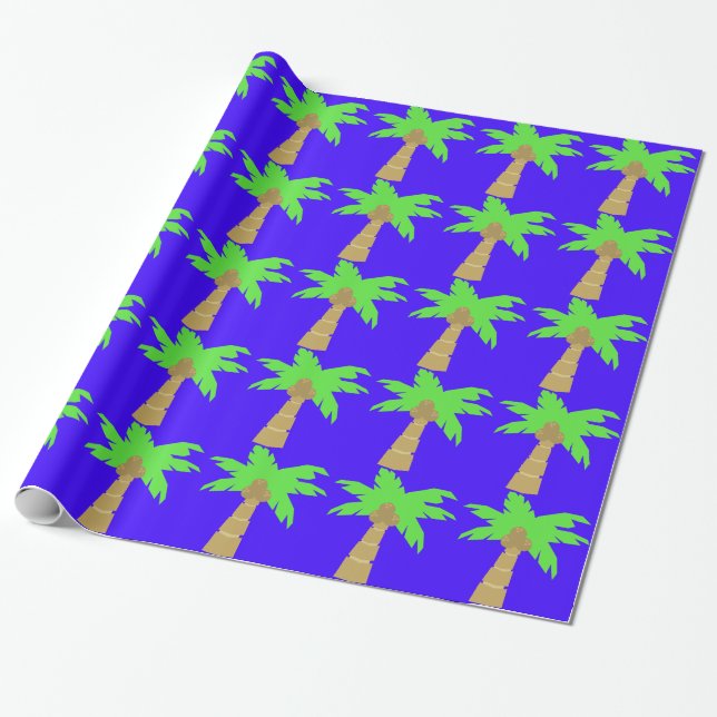 Palm Tree Blue Wrapping Paper (Unrolled)